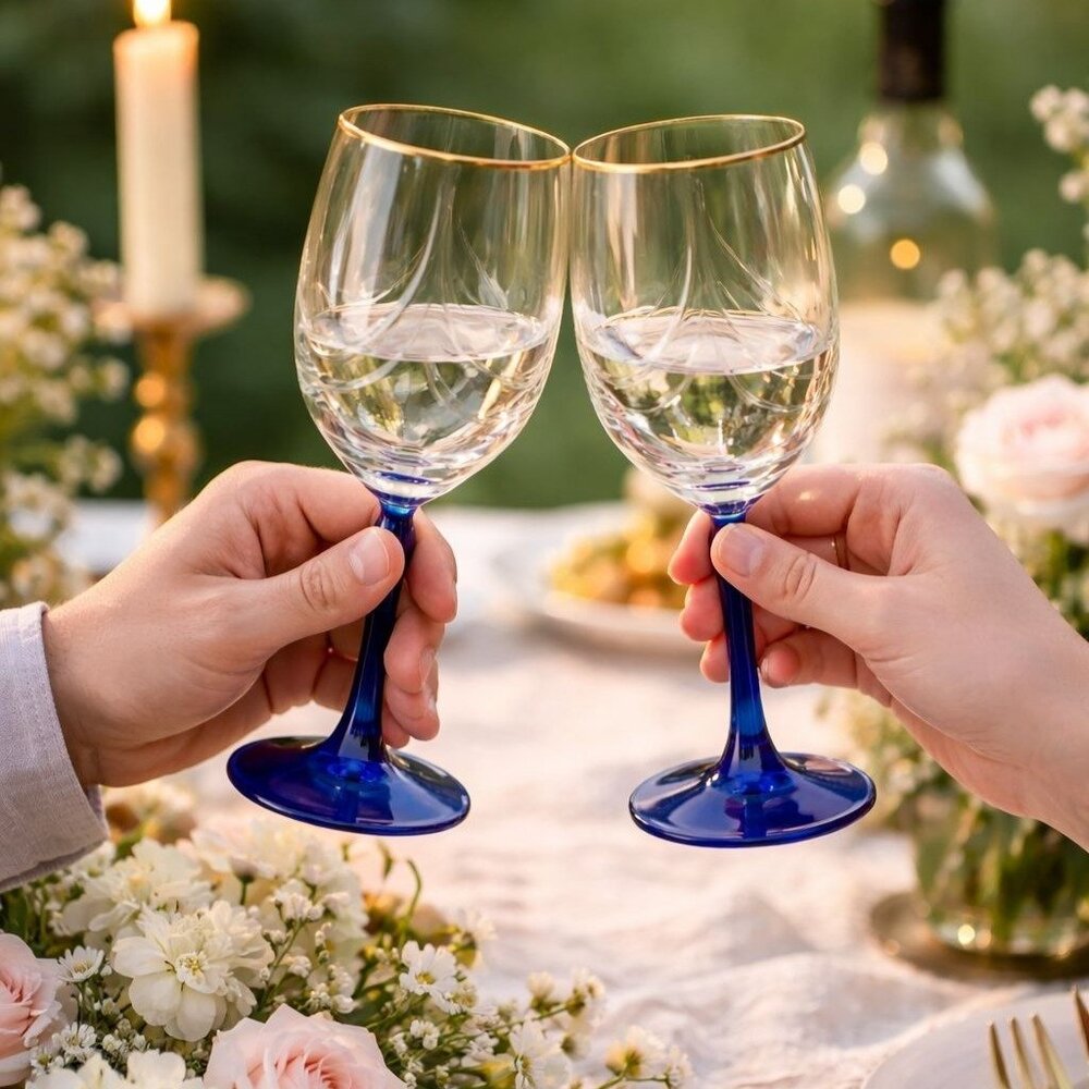 Vintage Lenox Crystal Wine Glasses Blue Stem Barware Set of 2 Elegant Stemware